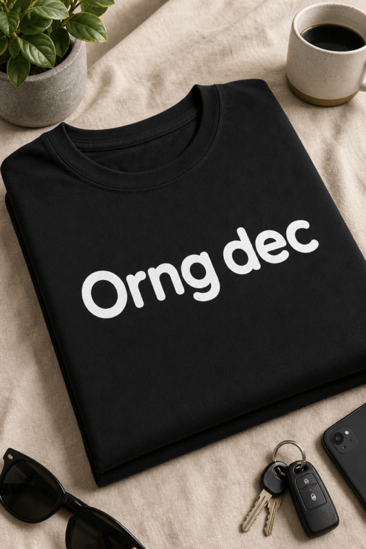 Majica z napisom Orng dec v minimalističnem besedilnem dizajnu