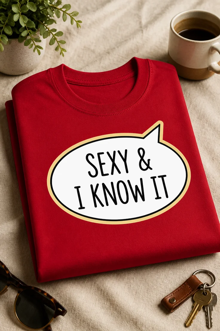 Majica z napisom SEXY & I KNOW IT v stripovskem govornem oblačku