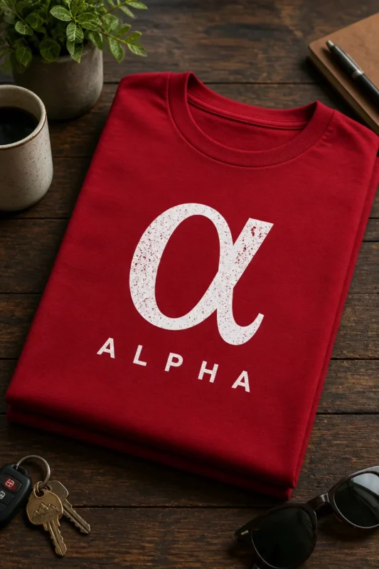 Majica z napisom α ALPHA v minimalističnem tipografskem slogu