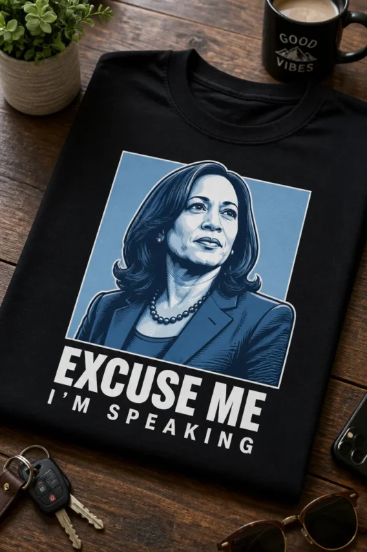 Majica z napisom EXCUSE ME I'M SPEAKING in portretom ženske v modrem politično-plakatnem slogu