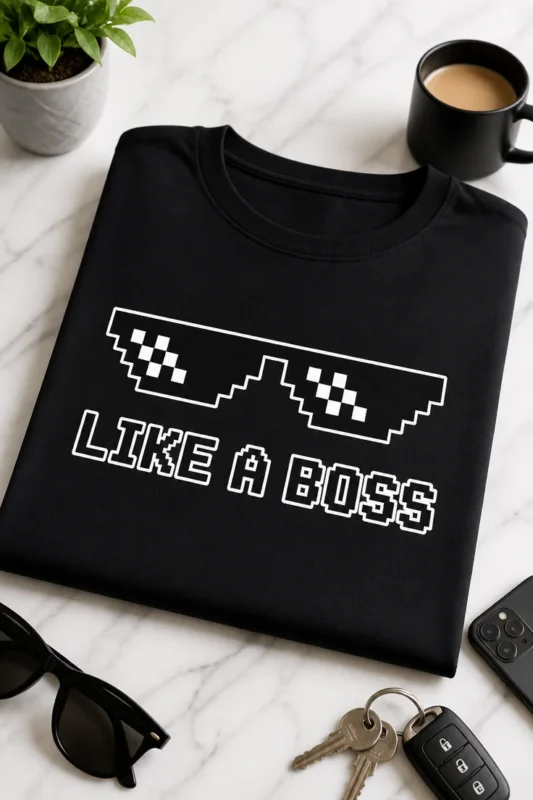 Majica z napisom LIKE A BOSS in pikseliranimi črnimi očali