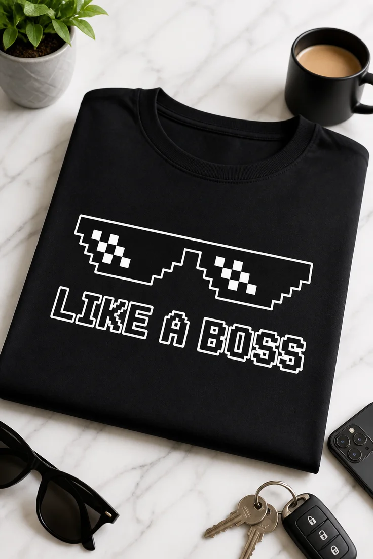 Majica z napisom LIKE A BOSS in pikseliranimi črnimi očali