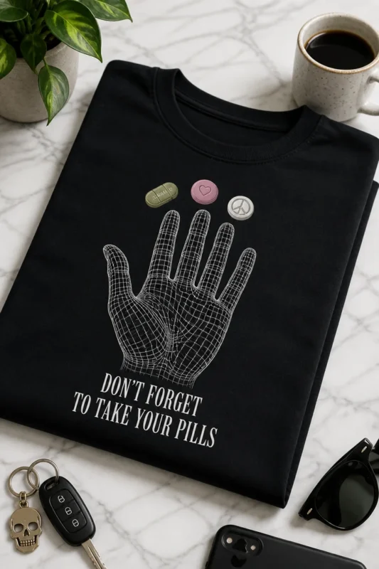 Majica z napisom DON'T FORGET TO TAKE YOUR PILLS in minimalističnim motivom roke ter tablet