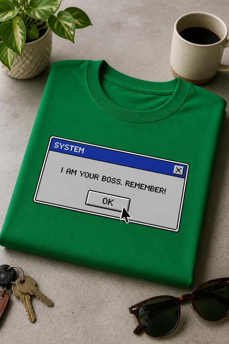 Majica z retro računalniškim oknom in napisom SYSTEM I AM YOUR BOSS. REMEMBER! OK