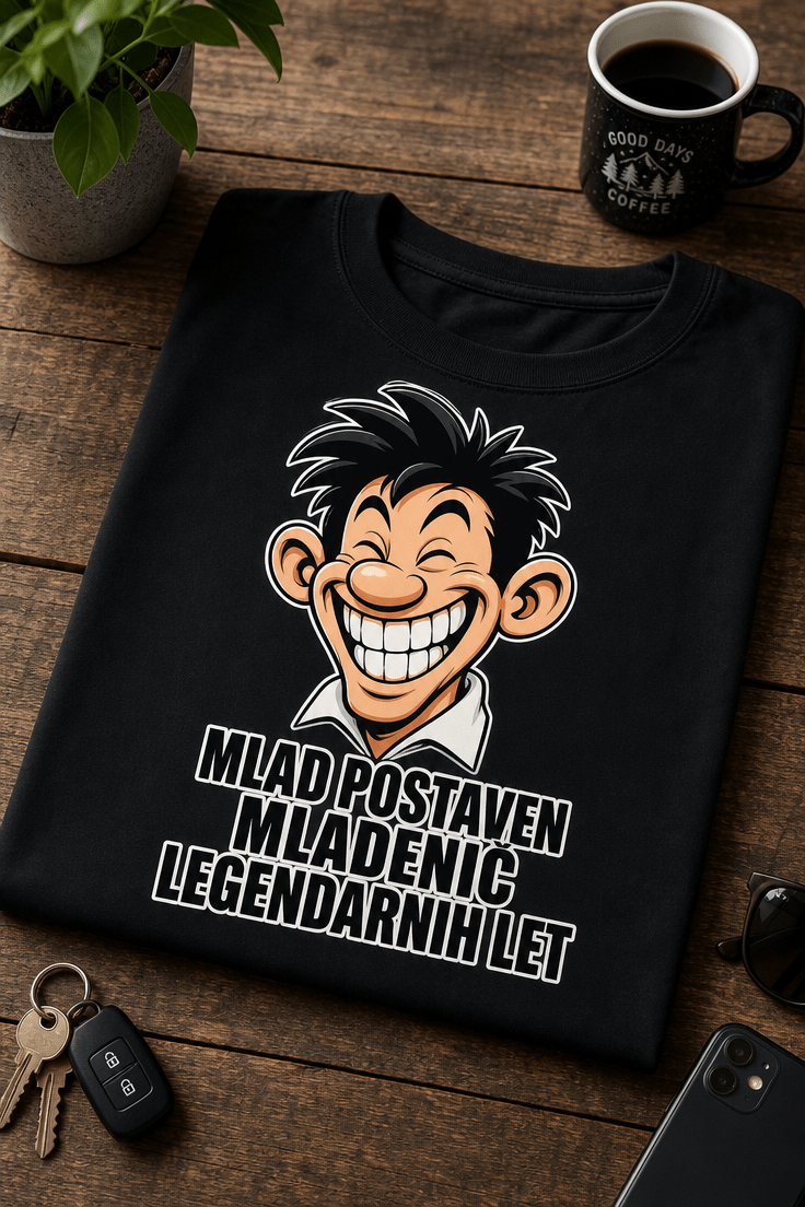Majica z napisom Mlad postaven mladenič legendarnih let in karikiranim nasmejanim moškim obrazom