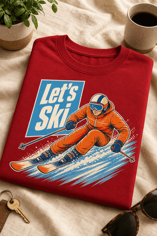 Majica z napisom Let's Ski in retro motivom smučarja v zavoju