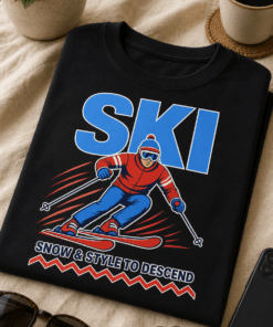 Majica z napisom SKI in retro motivom smučarja v modri in rdeči barvi