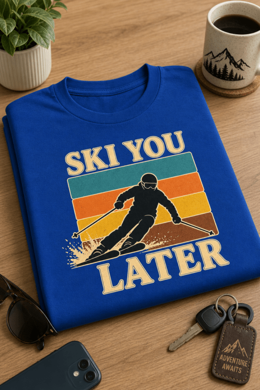 Majica z napisom SKI YOU LATER in retro motivom smučarja