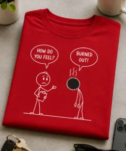 Majica z napisom HOW DO YOU FEEL? BURNED OUT! in risanim motivom izgorelega lika