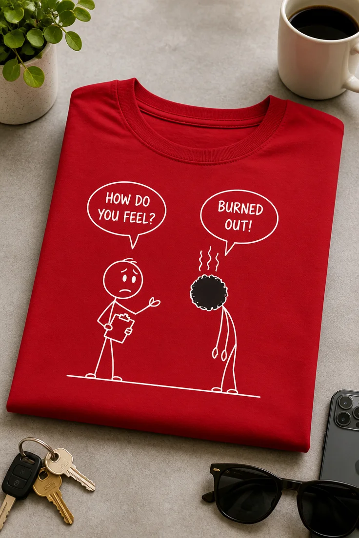 Majica z napisom HOW DO YOU FEEL? BURNED OUT! in risanim motivom izgorelega lika