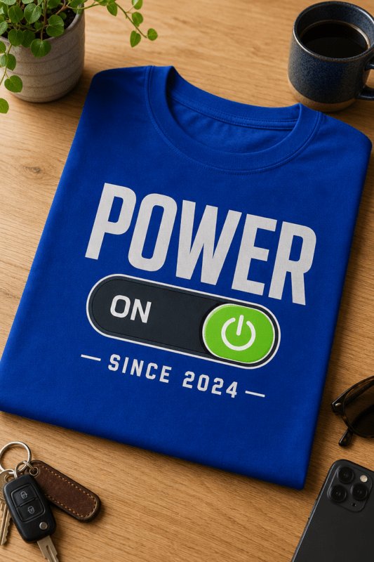 Majica z napisom POWER ON in grafiko stikala v položaju ON