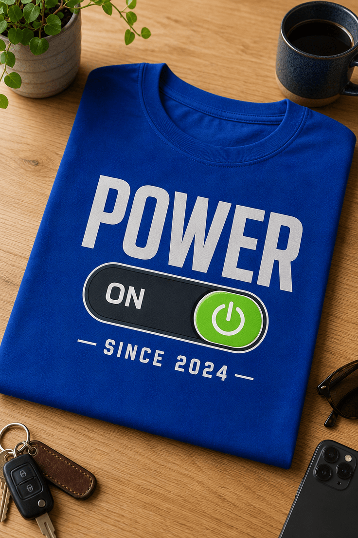Majica z napisom POWER ON in grafiko stikala v položaju ON