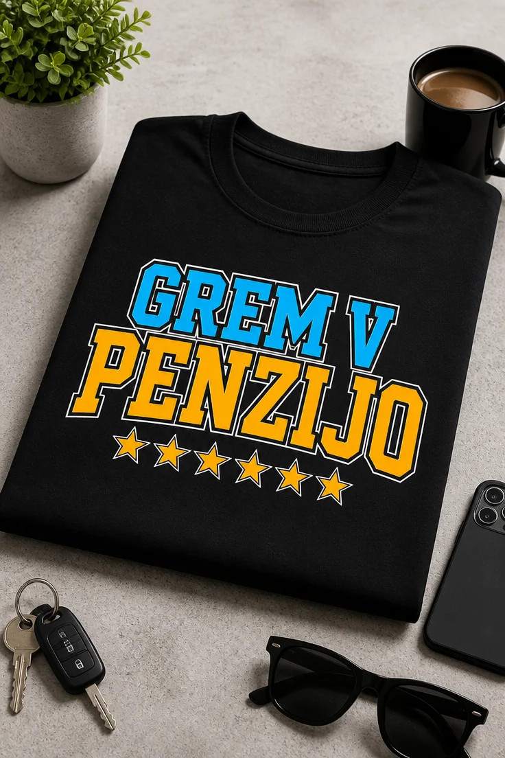 Majica z napisom GREM V PENZIJO v športnem retro tipografskem slogu