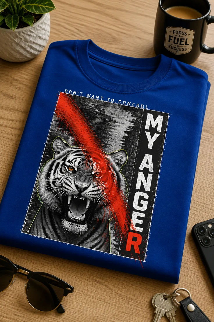 Majica z napisom DON'T WANT TO CONTROL MY ANGER in rjovečim tigrom v grunge slogu