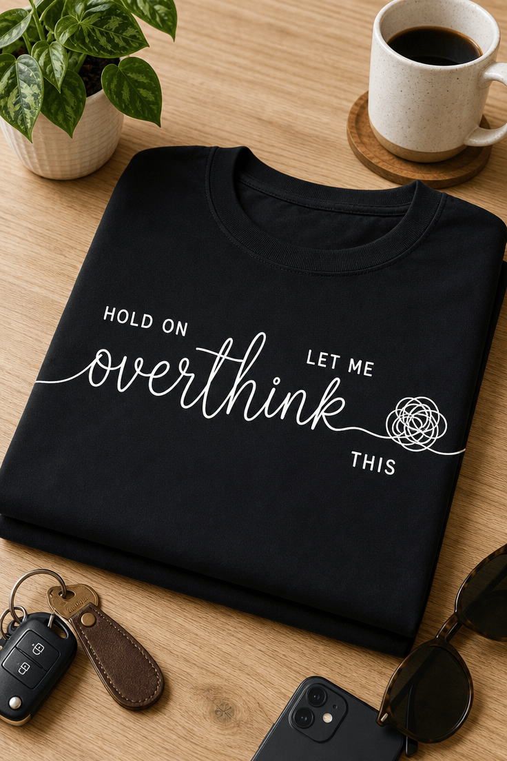 Majica z napisom HOLD ON LET ME overthink THIS v minimalistični tipografski postavitvi