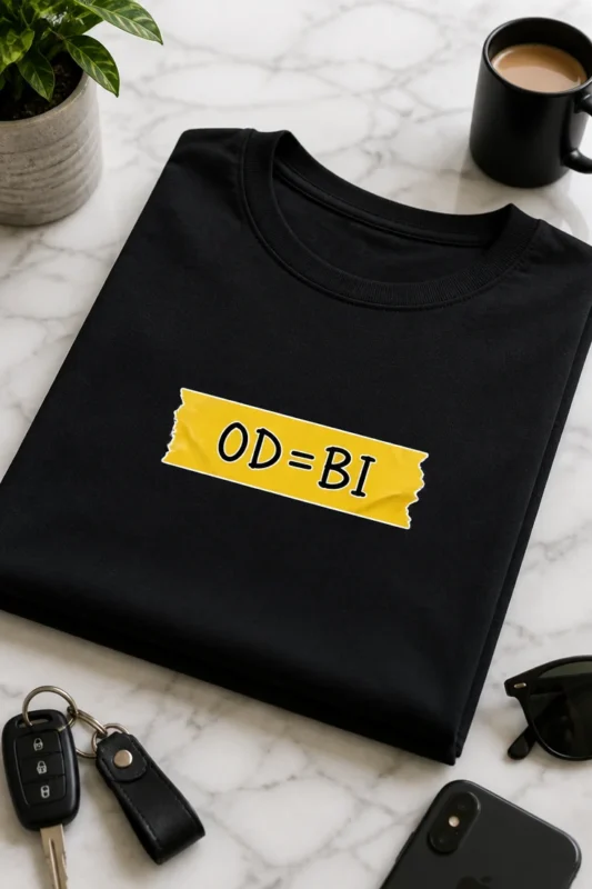 Majica z napisom OD=BI na rumenem lepilnem traku