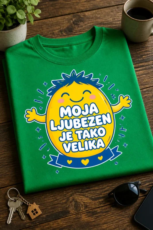 Majica z napisom MOJA LJUBEZEN JE TAKO VELIKA in prikupnim rumenim risanim likom