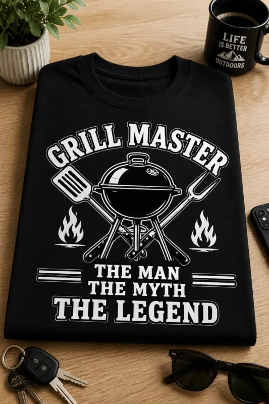 Majica z napisom GRILL MASTER THE MAN THE MYTH THE LEGEND in motivom žara