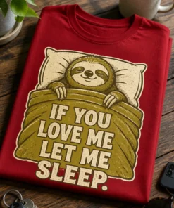 Majica z lenivcem, ki spi v postelji, in napisom If you love me let me sleep.
