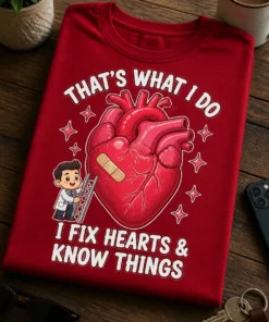 Majica z napisom THAT'S WHAT I DO I FIX HEARTS & KNOW THINGS in ilustracijo anatomske srčne oblike z zdravnikom