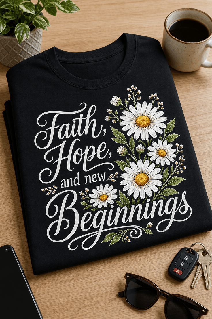 Majica z napisom Faith, Hope, and new Beginnings ter motivom belih marjetic
