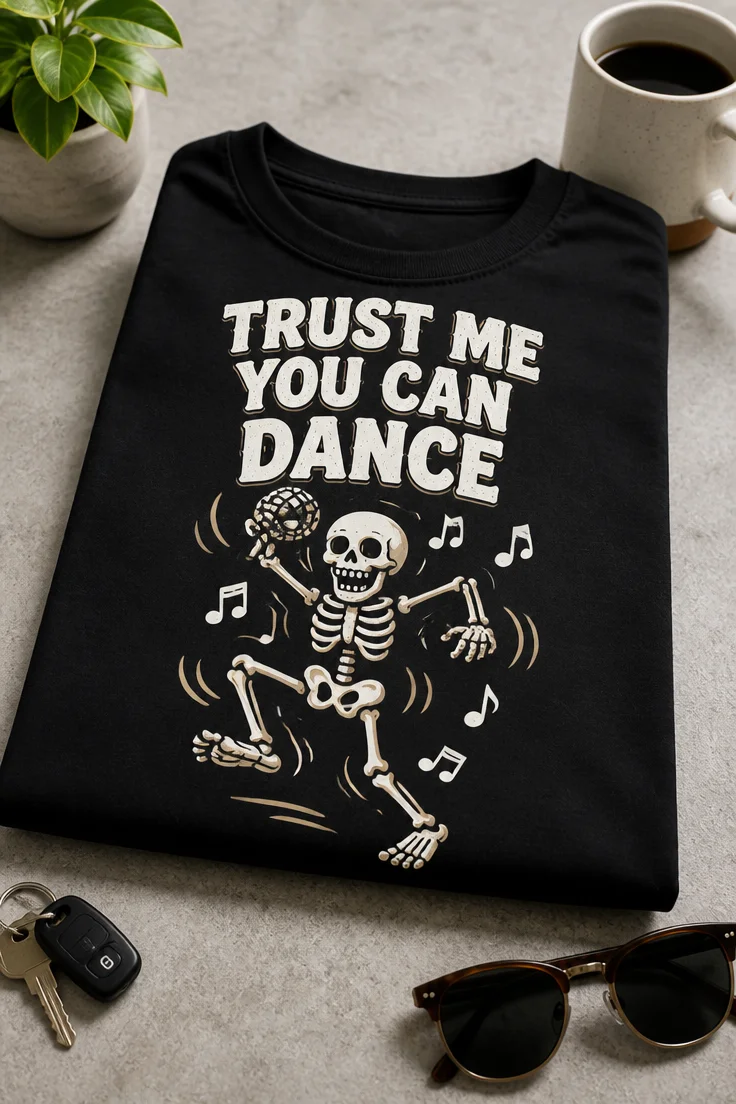 Majica z napisom TRUST ME YOU CAN DANCE in plesnim okostnjakom