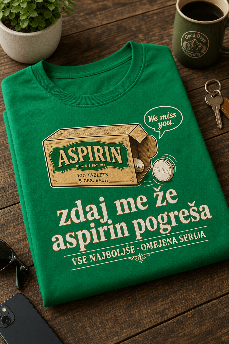Rojstnodnevna majica z retro motivom aspirina in napisom zdaj me že aspirin pogreša VSE NAJBOLJŠE - OMEJENA SERIJA