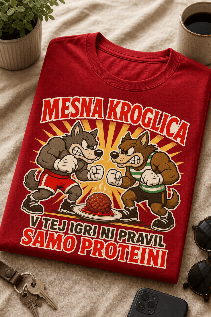 Majica z napisom MESNA KROGLICA – V TEJ IGRI NI PRAVIL, SAMO PROTEINI v retro risanem slogu