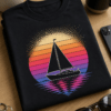 Retro motiv jadrnice pred vintage sončnim zahodom v minimalističnem 80s slogu