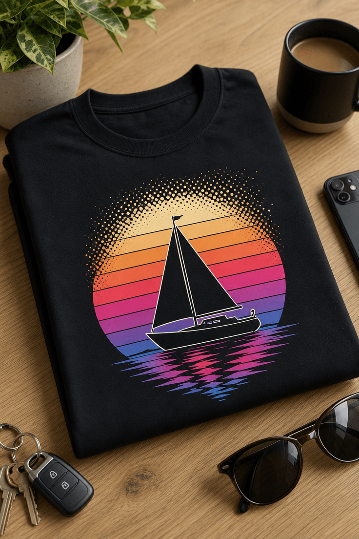 Retro motiv jadrnice pred vintage sončnim zahodom v minimalističnem 80s slogu