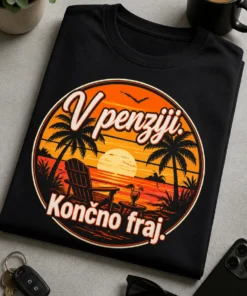 Smešna upokojenska majica z napisom V penziji. Končno fraj. v krožni znački s palmami in sončnim zahodom