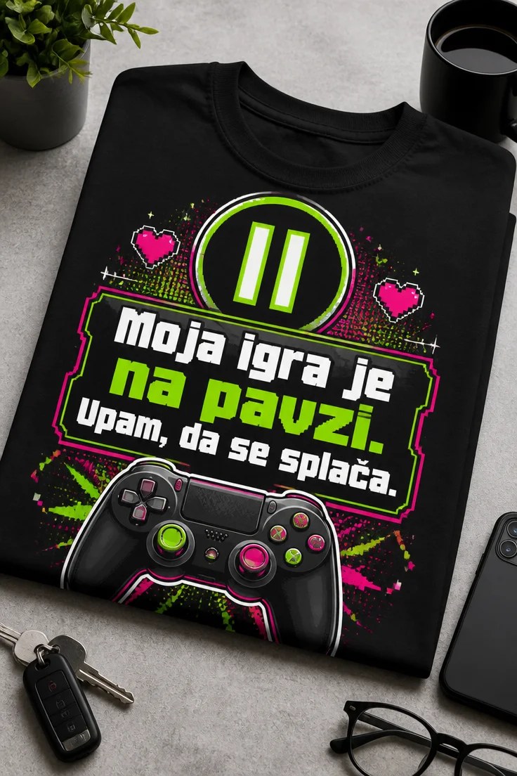 Gamer majica z napisom Moja igra je na pavzi. Upam, da se splača., velikim simbolom pavze in moderno igralno ročko v neonsko zeleni in magenta barvi
