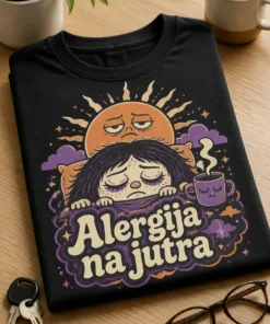 T-shirt z napisom Alergija na jutra in retro-cute ilustracijo z zaspanim obrazom ter jezno-zaspanim soncem v vijolično-oranžni paleti.