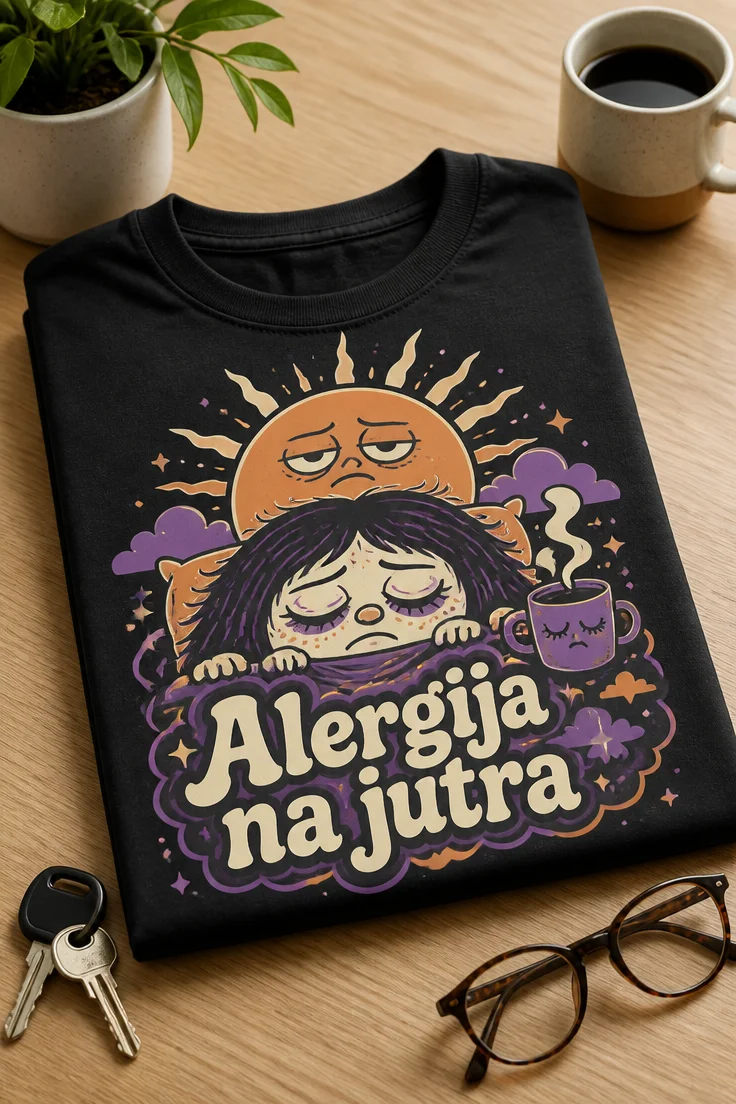T-shirt z napisom Alergija na jutra in retro-cute ilustracijo z zaspanim obrazom ter jezno-zaspanim soncem v vijolično-oranžni paleti.
