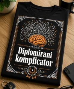 Majica z napisom Diplomirani komplicator, brain ilustracijo, zmečkanimi miselnimi linijami in certifikatskim okvirjem v beli in oranžni barvi.