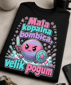 Majica z napisom "Mala kopalna bombica, velik pogum" in prikupno kopalno bombico z odločnim izrazom, mehurčki in peno.