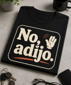Majica z napisom "No, adijo." v čistem, velikem tipografskem tisku na sredini prsnega dela.