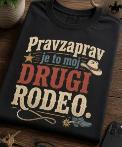 Majica z napisom Pravzaprav je to moj drugi rodeo. v modernem western tipografskem slogu