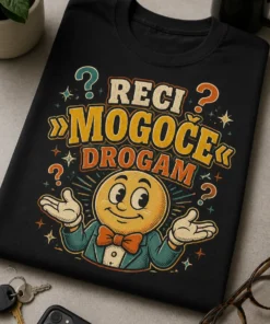 Majica z vintage parodičnim motivom in napisom RECI »MOGOČE« DROGAM v retro PSA slogu
