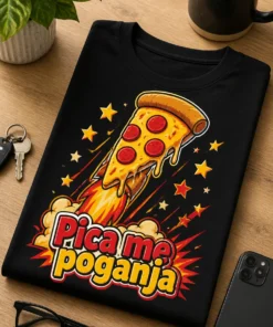 Majica s potiskom pizza rakete z napisom Pica me poganja