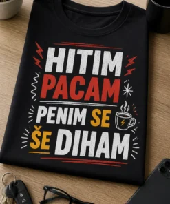 Majica s potiskom z napisom HITIM PACAM PENIM SE ŠE DIHAM v distanciranem, humorističnem tipografskem slogu za vsakodnevni stres in office humor.