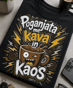 Črna T-shirt majica z napisom Poganjata me kava in kaos, skodelico kave, strelicami in kaotično ročno risano tipografijo.