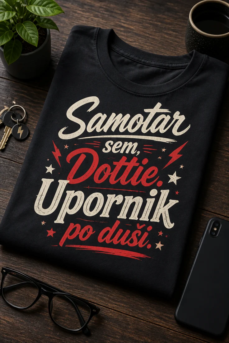 Majica s potiskom z napisom Samotar sem, Dottie. Upornik po duši. v retro tipografiji za odrasle