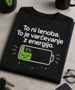 Majica z napisom To ni lenoba. To je varčevanje z energijo. z baterijo na 5 % in zaspanim obrazom, v zeleni in beli barvi na temni podlagi