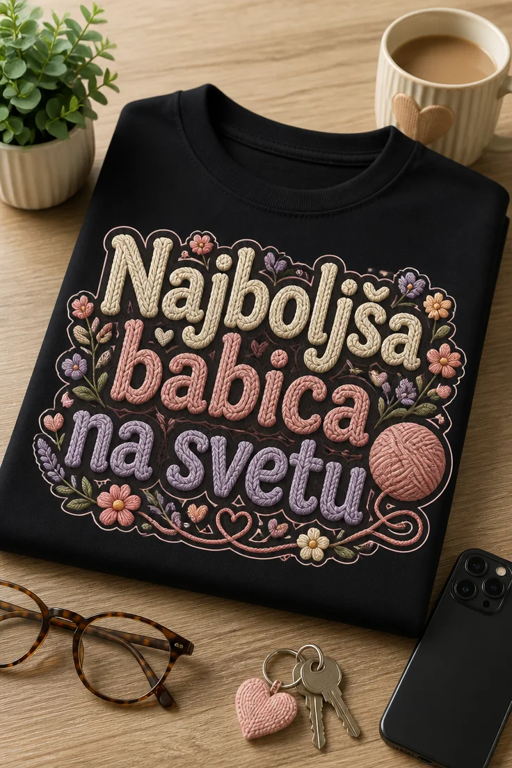Majica za babico z napisom Najboljša babica na svetu, pletenim učinkom črk, prejo in nežnimi rožicami v toplih pastelnih barvah.