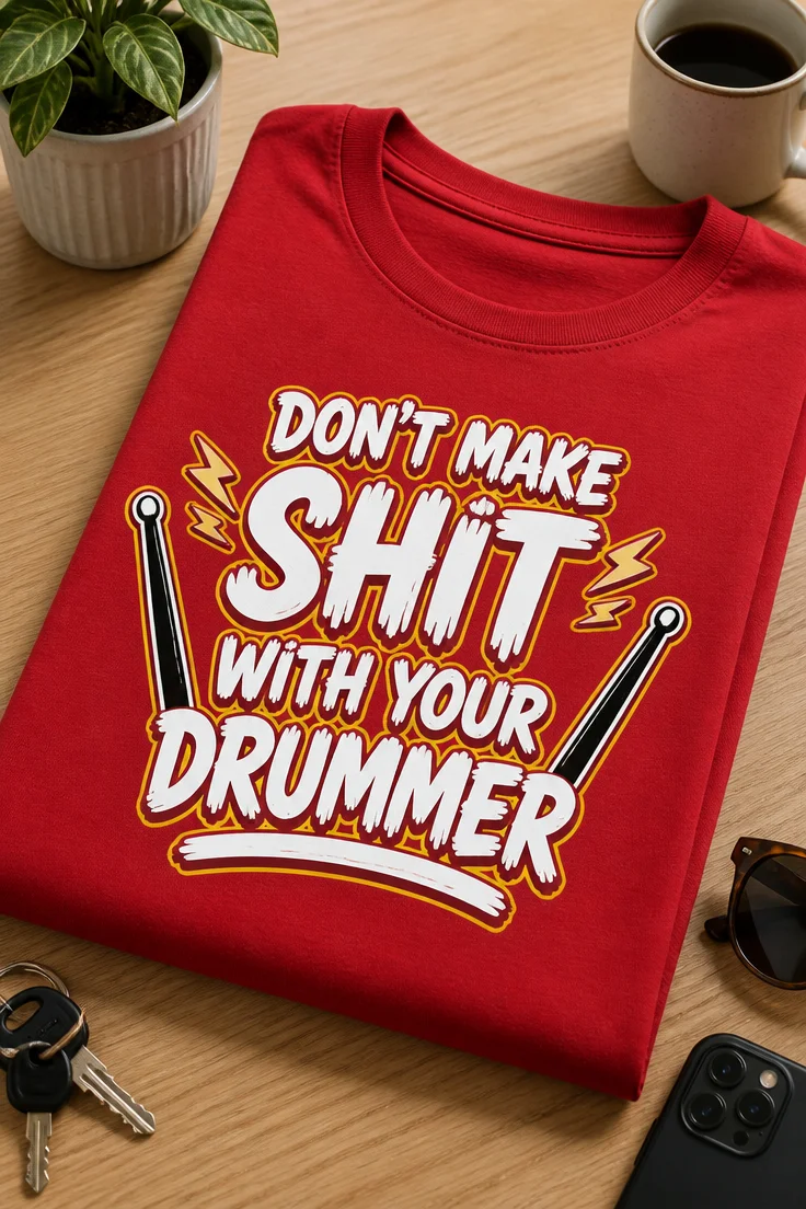 Majica z napisom DON'T MAKE SHIT WITH YOUR DRUMMER in motivom bobnarskih palic