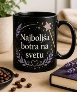Elegantna majica za botro z napisom Najboljša botra na svetu, z nežnimi zvezdicami in čarobno palčko v vijolično-zlati kombinaciji.