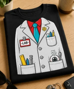 Majica z napisom LAB in motivom laboratorijskega plašča