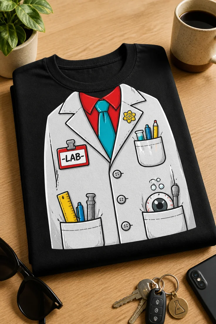 Majica z napisom LAB in motivom laboratorijskega plašča