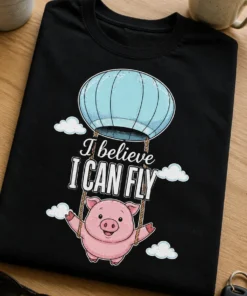 Majica z napisom I believe I CAN FLY in motivom letečega pujsa pod balonom